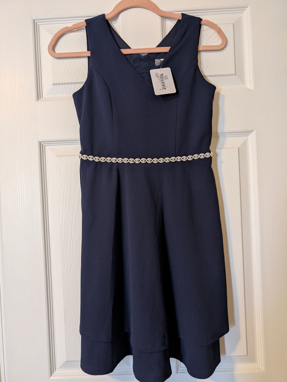 Speechless Navy Girls' Sleeveless Dress with Sparkle Trim Waist Size 16
